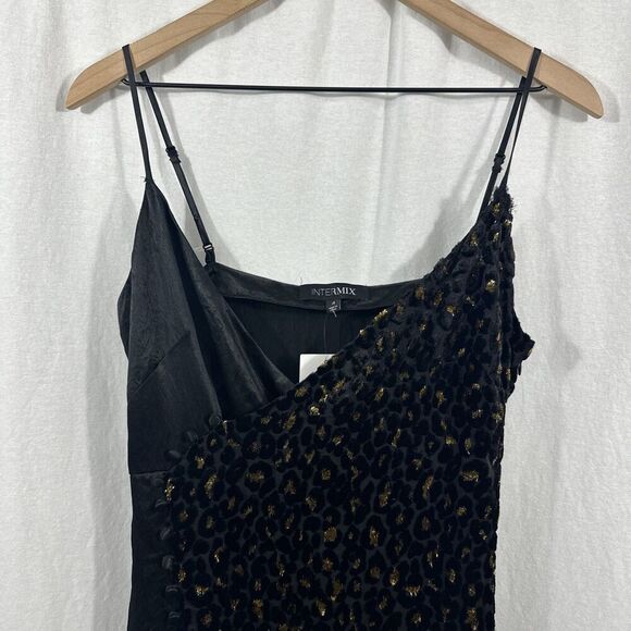 Intermix Ava Velvet Black Gold Leopard Slit Prom Midi Slip Dress Womens Size 4 - Picture 4 of 12